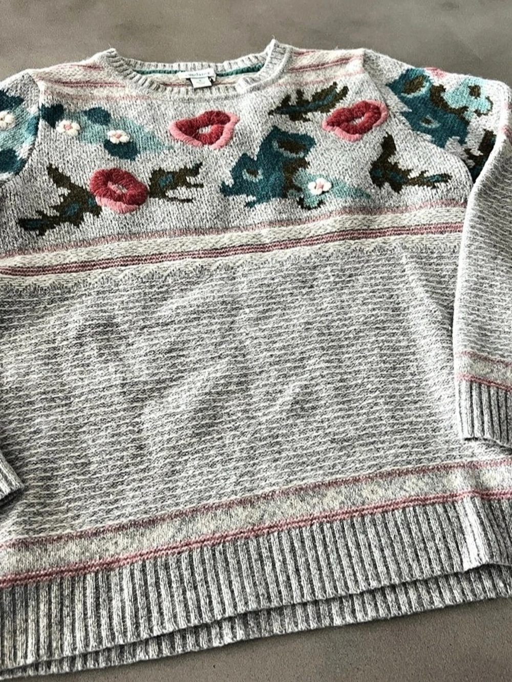 Sundance Bold Botanic Sweater Floral Crewneck Sweater Gray & Pink Small